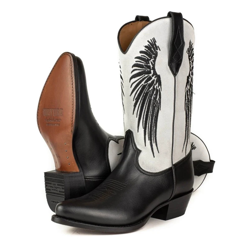 Schwarz-weiße Cowboystiefel für Damen mit Flügeln Schwarz 2666