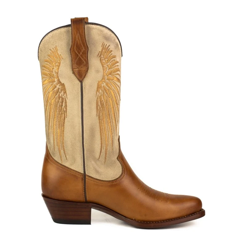 Damen-Cowboystiefel in Braun und Beige mit goldenen Flügeln 2666