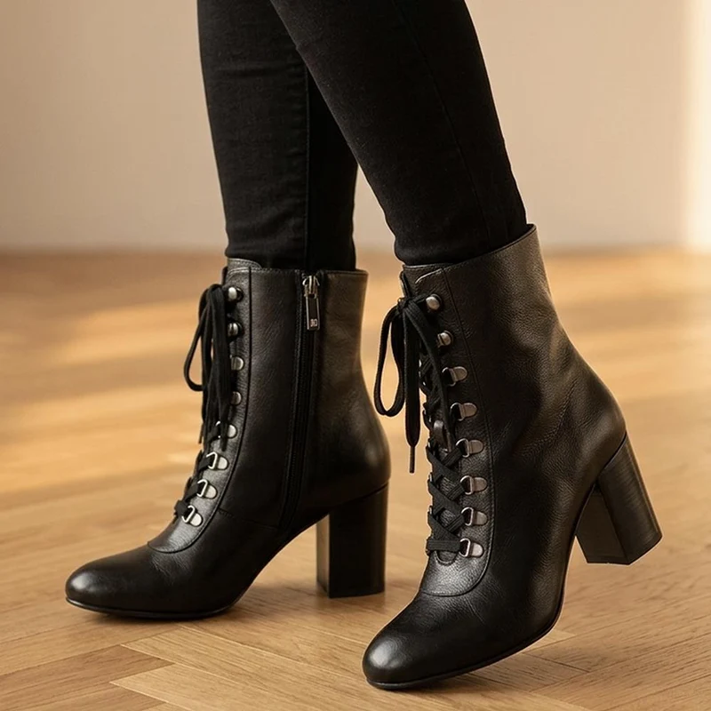 Liana Wide Fit Lace Up Heeled Ankle Boots - LIANAWIDE / 329 770 - Black Leather