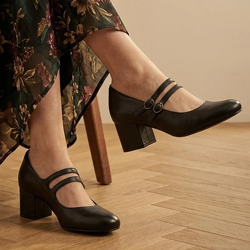 Xanthi Wide-Fit Heeled Mary Janes - XANTHIWIDE / 328 521 - Black Leather