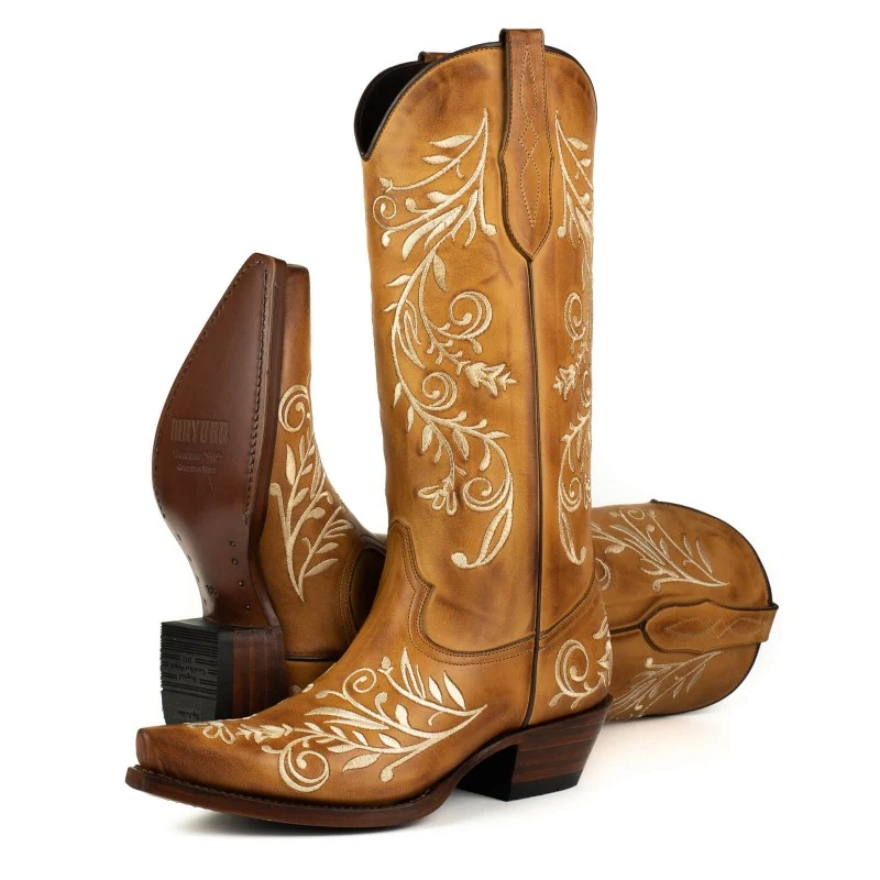 Handgemachte Cowboystiefel für Damen 2669 Braunes Leder und weiße Blumenstickerei