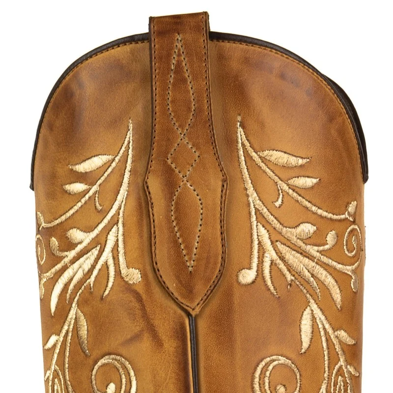 Handgemachte Cowboystiefel für Damen 2669 Braunes Leder und weiße Blumenstickerei