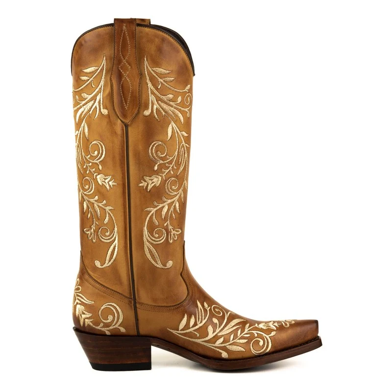 Handgemachte Cowboystiefel für Damen 2669 Braunes Leder und weiße Blumenstickerei