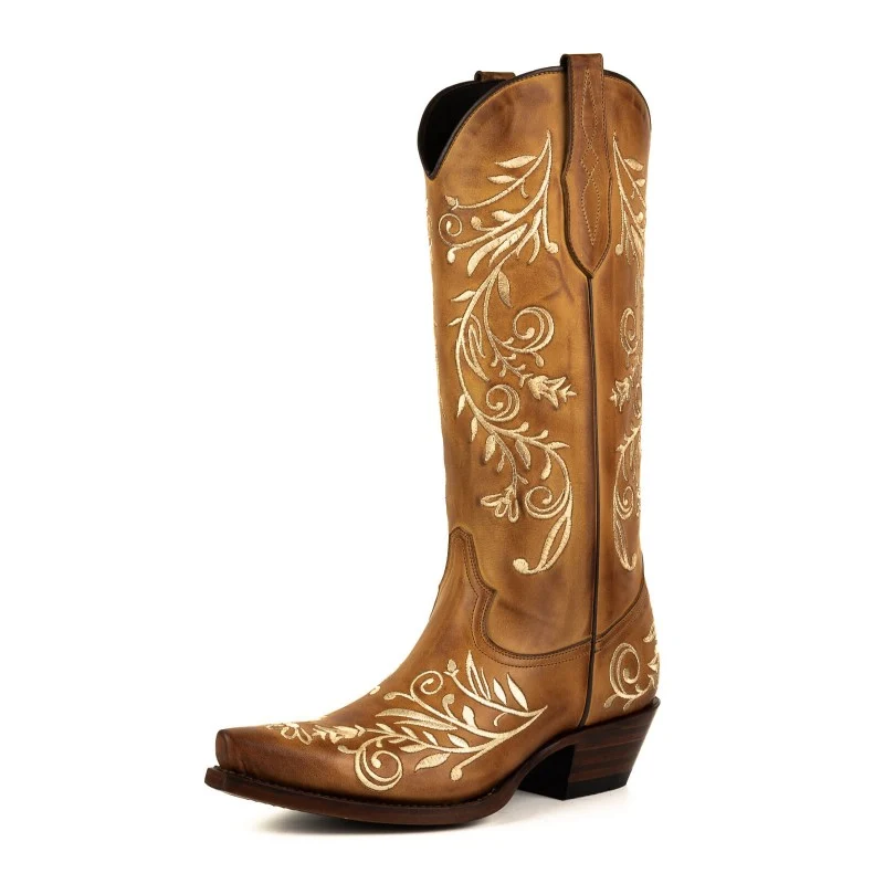 Handgemachte Cowboystiefel für Damen 2669 Braunes Leder und weiße Blumenstickerei