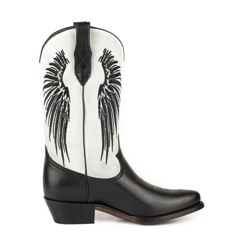 Damen-Cowboystiefel aus schwarzem Leder und weißem Wildleder-Obermaterial und schwarzen Flügeln 2666