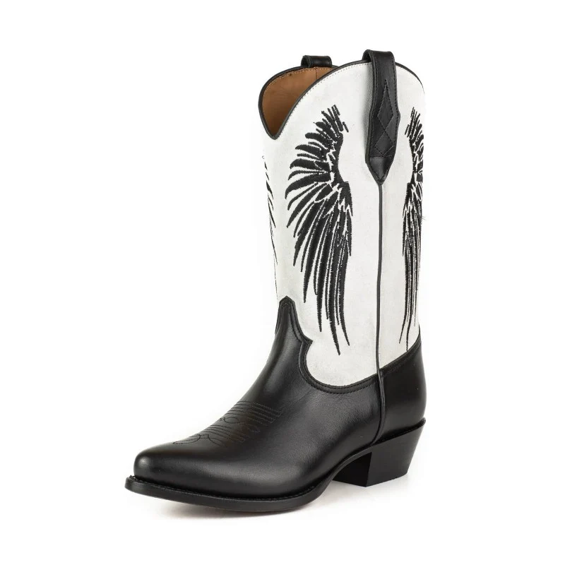 Damen-Cowboystiefel aus schwarzem Leder und weißem Wildleder-Obermaterial und schwarzen Flügeln 2666
