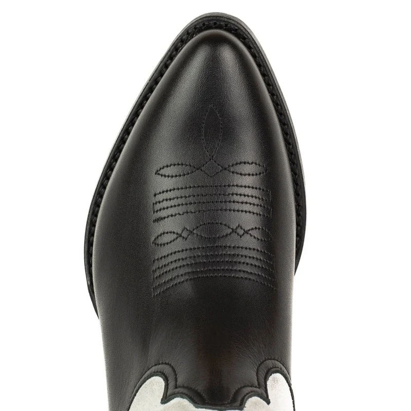 Damen-Cowboystiefel aus schwarzem Leder und weißem Wildleder-Obermaterial und schwarzen Flügeln 2666