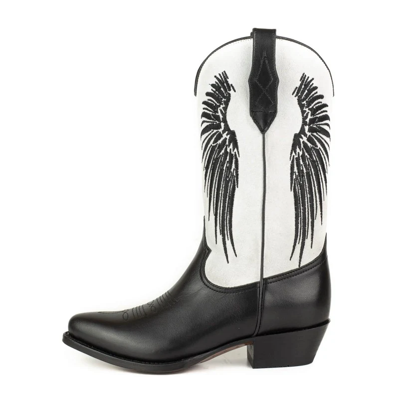 Damen-Cowboystiefel aus schwarzem Leder und weißem Wildleder-Obermaterial und schwarzen Flügeln 2666
