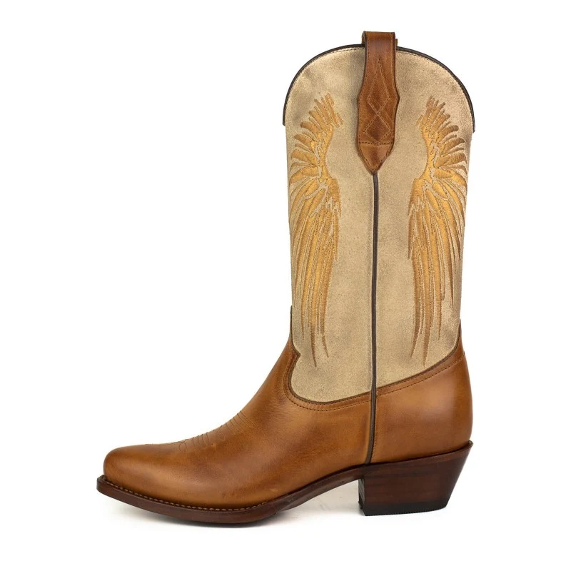 Damen-Cowboystiefel aus braunem Leder und Wildleder, beige und goldene Flügel 2666