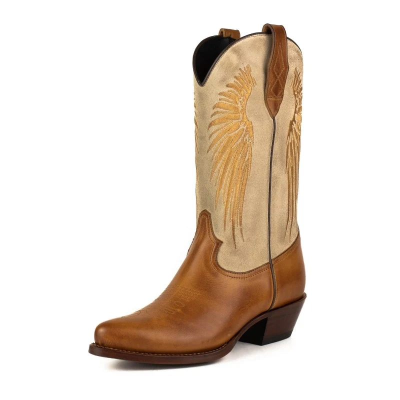 Damen-Cowboystiefel aus braunem Leder und Wildleder, beige und goldene Flügel 2666