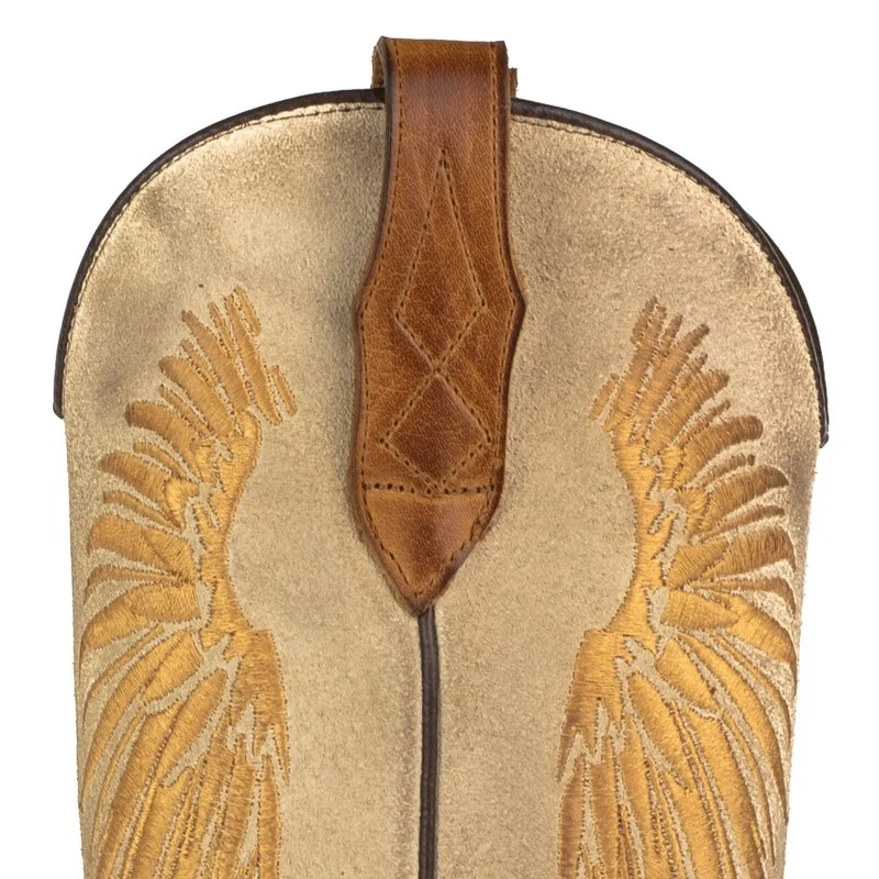 Damen-Cowboystiefel aus braunem Leder und Wildleder, beige und goldene Flügel 2666