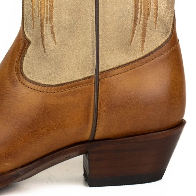 Damen-Cowboystiefel aus braunem Leder und Wildleder, beige und goldene Flügel 2666