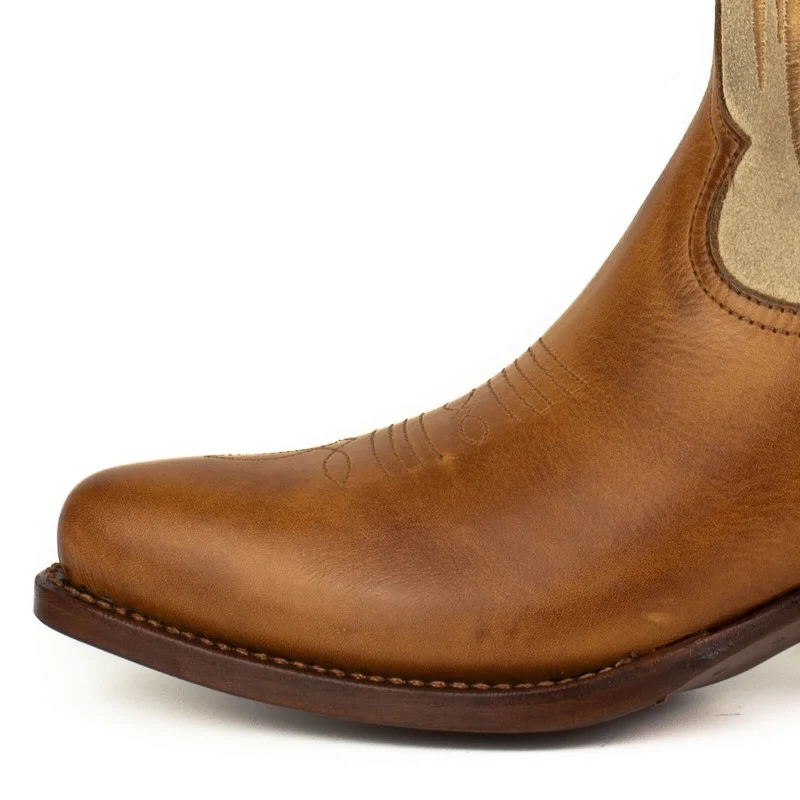Damen-Cowboystiefel aus braunem Leder und Wildleder, beige und goldene Flügel 2666