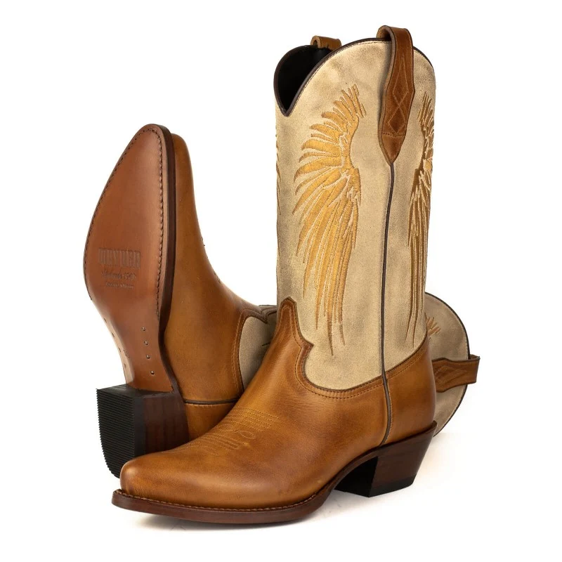 Damen-Cowboystiefel aus braunem Leder und Wildleder, beige und goldene Flügel 2666