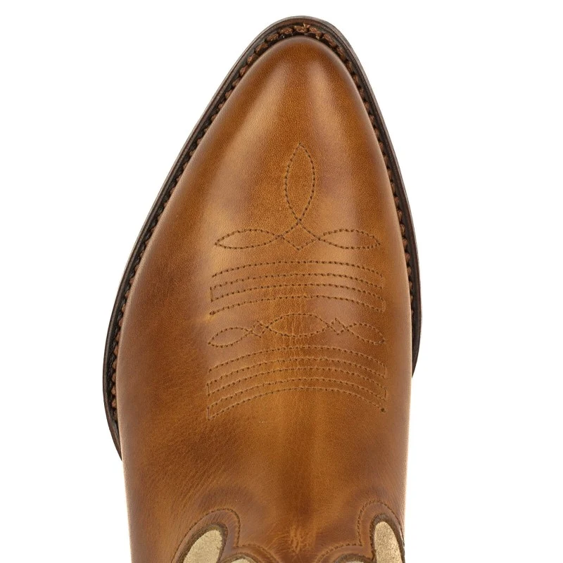 Damen-Cowboystiefel aus braunem Leder und Wildleder, beige und goldene Flügel 2666