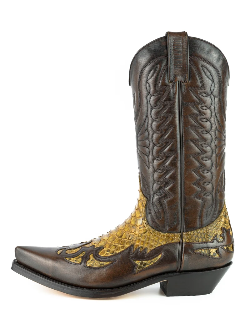 Damen- und Herren-Cowboystiefel, exotisches, handgefertigtes braunes und gelbes Leder, 1935-C Texanas