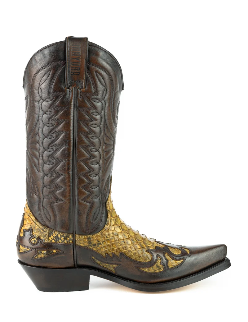 Damen- und Herren-Cowboystiefel, exotisches, handgefertigtes braunes und gelbes Leder, 1935-C Texanas