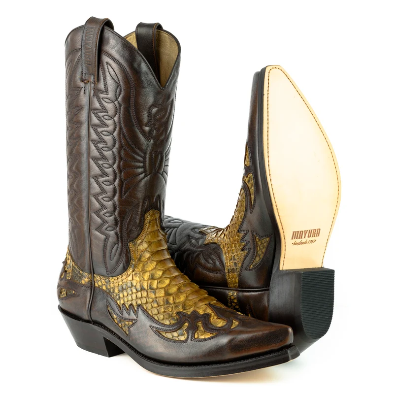 Damen- und Herren-Cowboystiefel, exotisches, handgefertigtes braunes und gelbes Leder, 1935-C Texanas