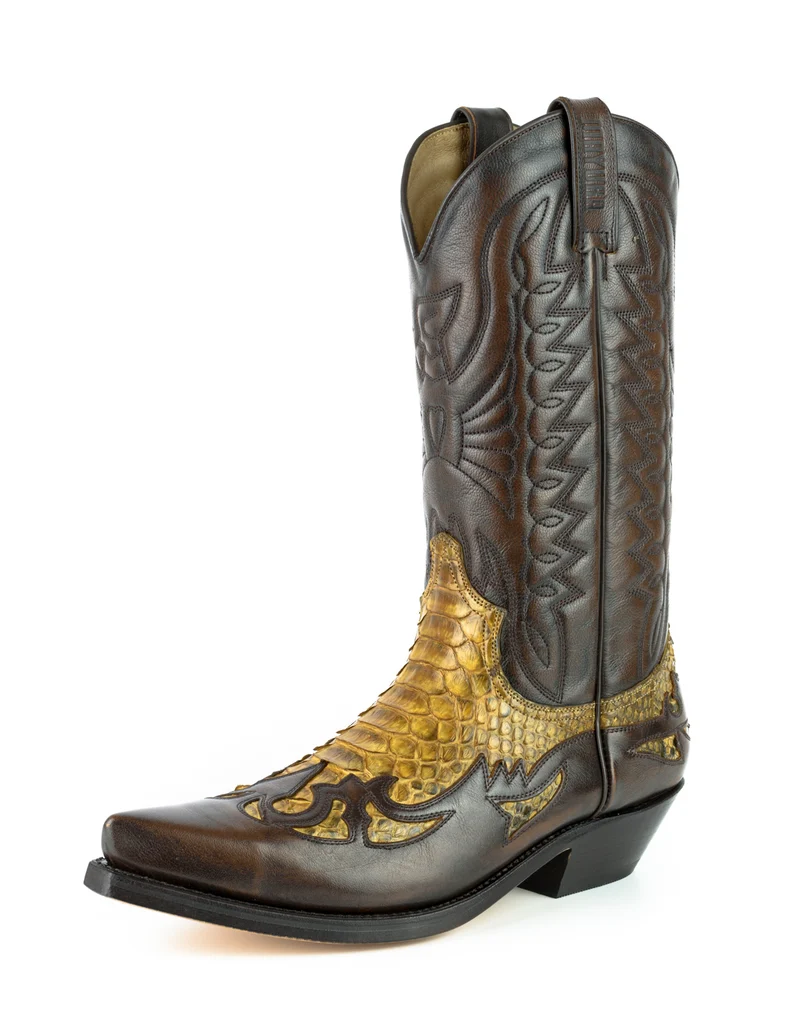 Damen- und Herren-Cowboystiefel, exotisches, handgefertigtes braunes und gelbes Leder, 1935-C Texanas