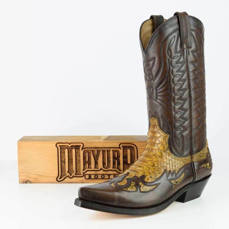 Damen- und Herren-Cowboystiefel, exotisches, handgefertigtes braunes und gelbes Leder, 1935-C Texanas