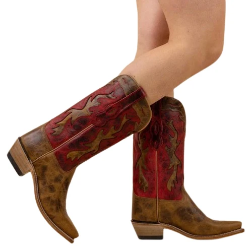 Westernstiefel CowboyStiefel für Damen handgefertigt aus braunem Leder und rotem LF1627E