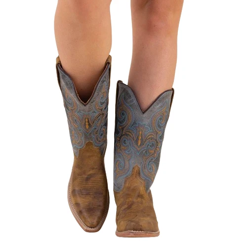 Westernstiefel CowboyStiefel für Damen handgefertigt, braunes und blaues Leder, bestickt LF1601E