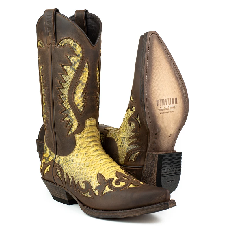 Handgefertigte Westernstiefel CowboyStiefel für Herren aus braunem und gelbem geöltem Leder 2567 Texanas