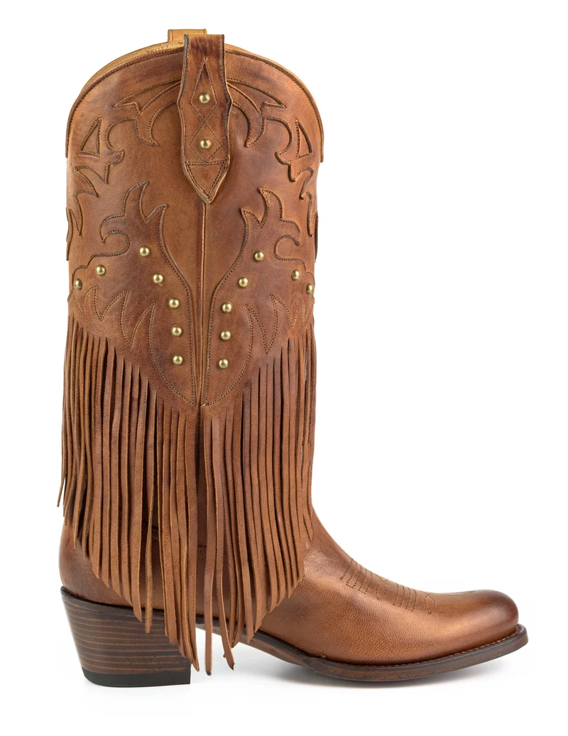 Westernstiefel CowboyStiefel für Damen handgefertigt aus braunem Leder mit Fransen, 2475