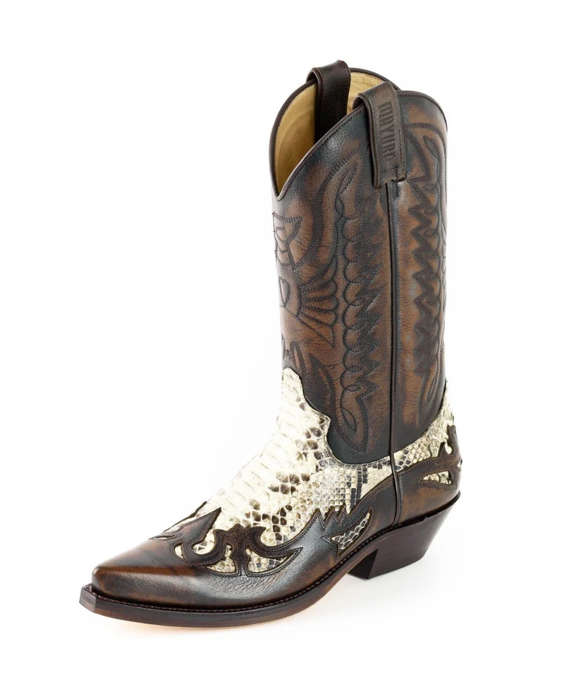 Country- und Western-Cowboystiefel 1935-C für Herren und Damen aus exotischem braunem und weißem Leder
