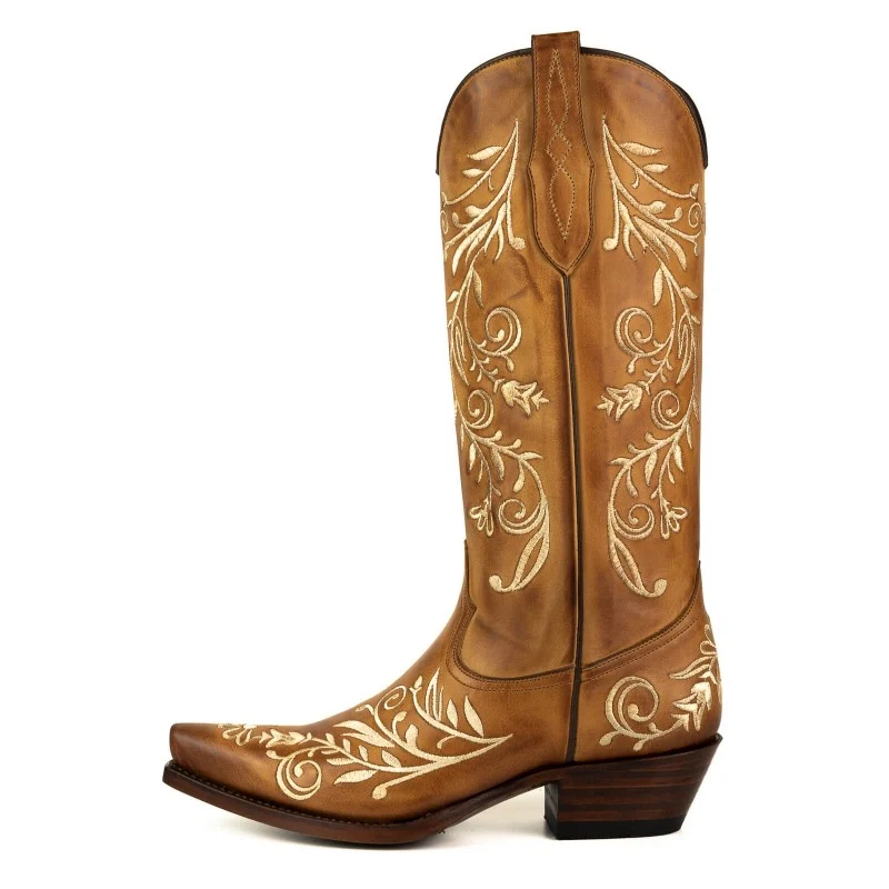 Damen Country und Western Cowboystiefel 2669 Braunes Leder mit Blumenstickerei