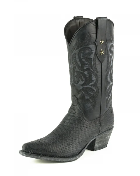 Westernstiefel CowboyStiefel für Damen handgefertigt, gewaschenes schwarzes Leder, 2524