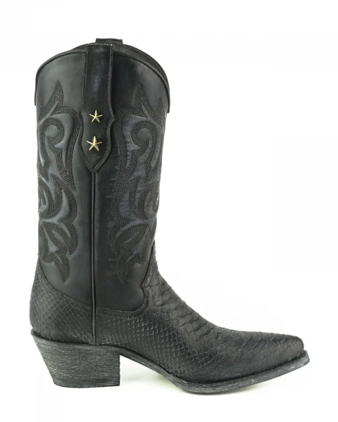 Westernstiefel CowboyStiefel für Damen handgefertigt, gewaschenes schwarzes Leder, 2524