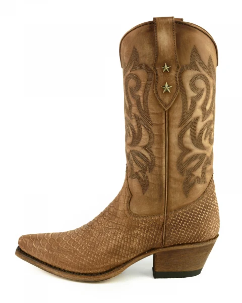 Handgefertigte Westernstiefel CowboyStiefel für Damen aus gewaschenem hellbraunem Leder 2524