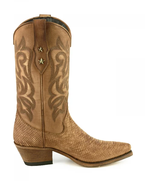 Handgefertigte Westernstiefel CowboyStiefel für Damen aus gewaschenem hellbraunem Leder 2524