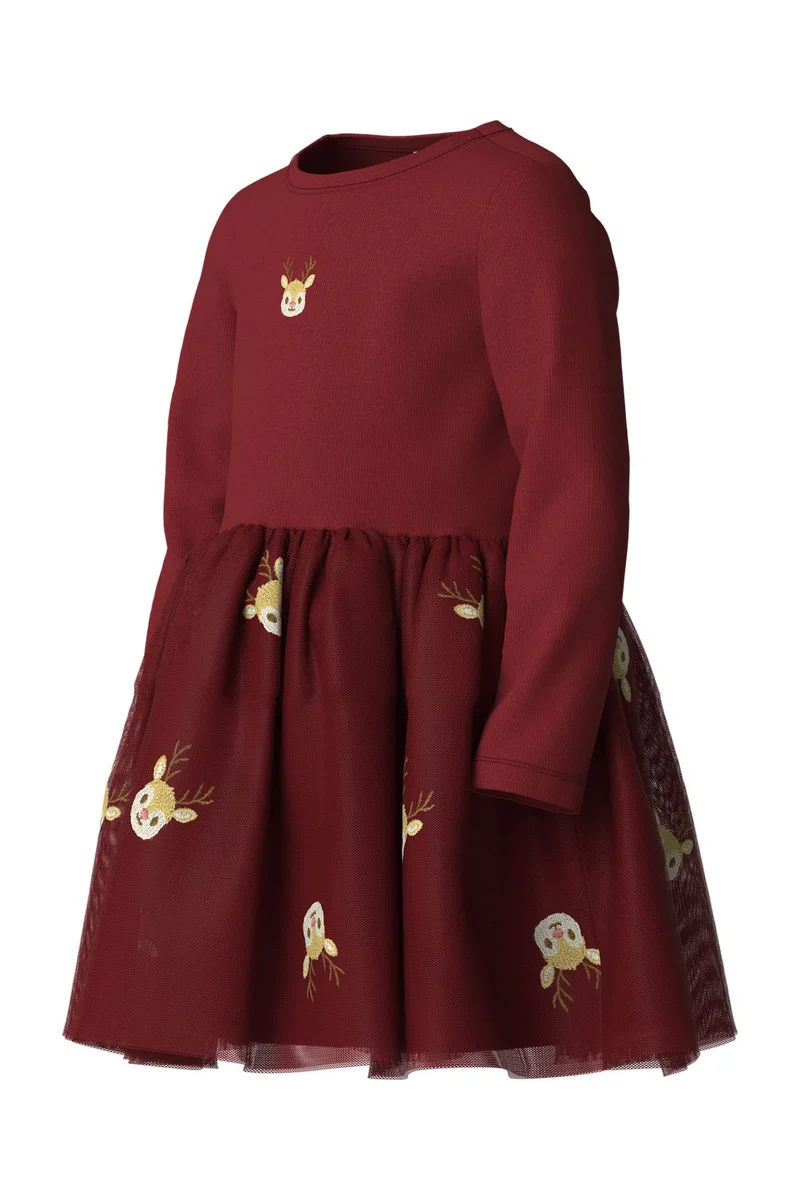 Name It - Nmfveross Ls Tulle Dress - 5127587 Red Dahlia Reindeer