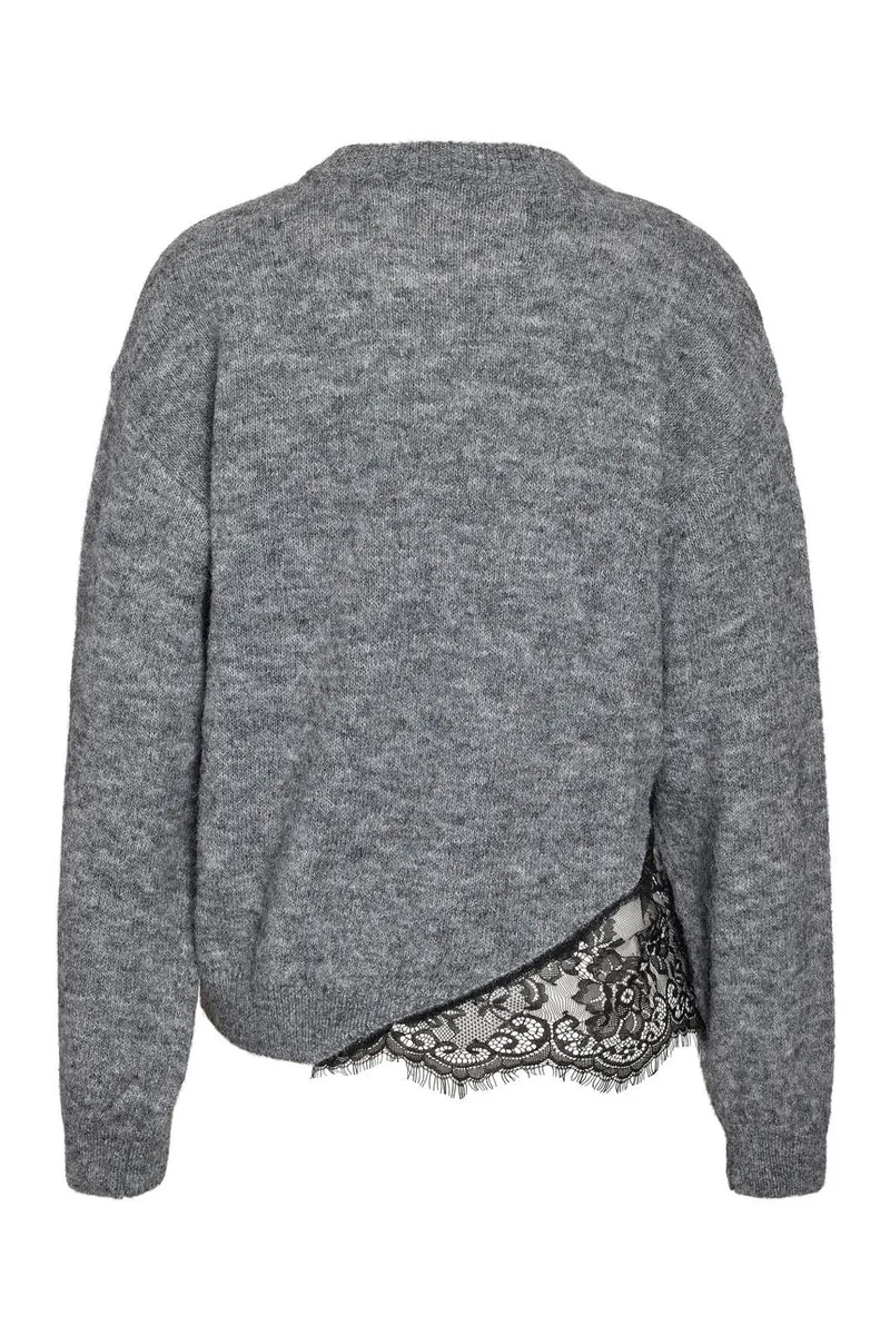 Noisy May - Nmpreston L/S O-Neck Lace Knit - 5098380 Medium Grey Melange