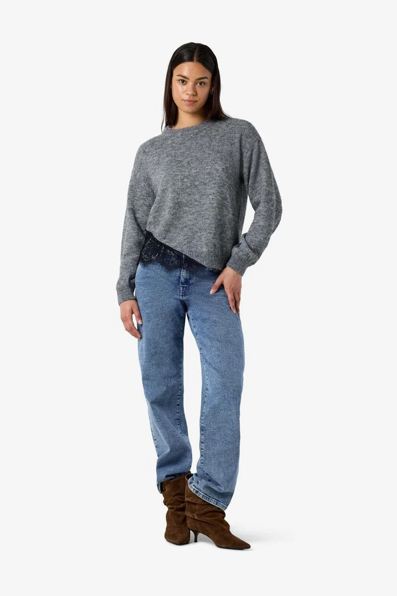 Noisy May - Nmpreston L/S O-Neck Lace Knit - 5098380 Medium Grey Melange