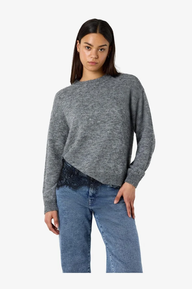 Noisy May - Nmpreston L/S O-Neck Lace Knit - 5098380 Medium Grey Melange