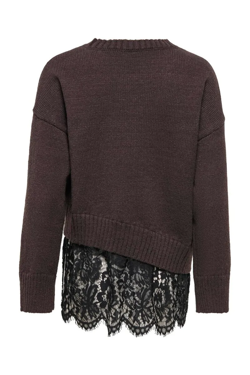 Only - Onlevie Ls Lace Mix O-Neck Knt - 5128826 Coffee Bean Black Lace