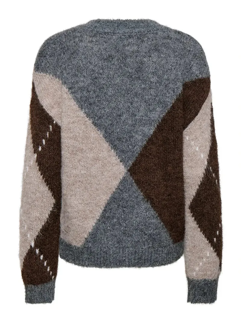 JDY - Jdyzoey L/S V-Neck Argyle Pullover Knt - 5122982 Medium Grey Melange Chateau Gray/Chocolate Brown Argyle
