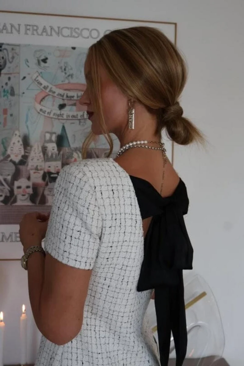 Valentin Studio - Darling Bow ss dress - Ivory check