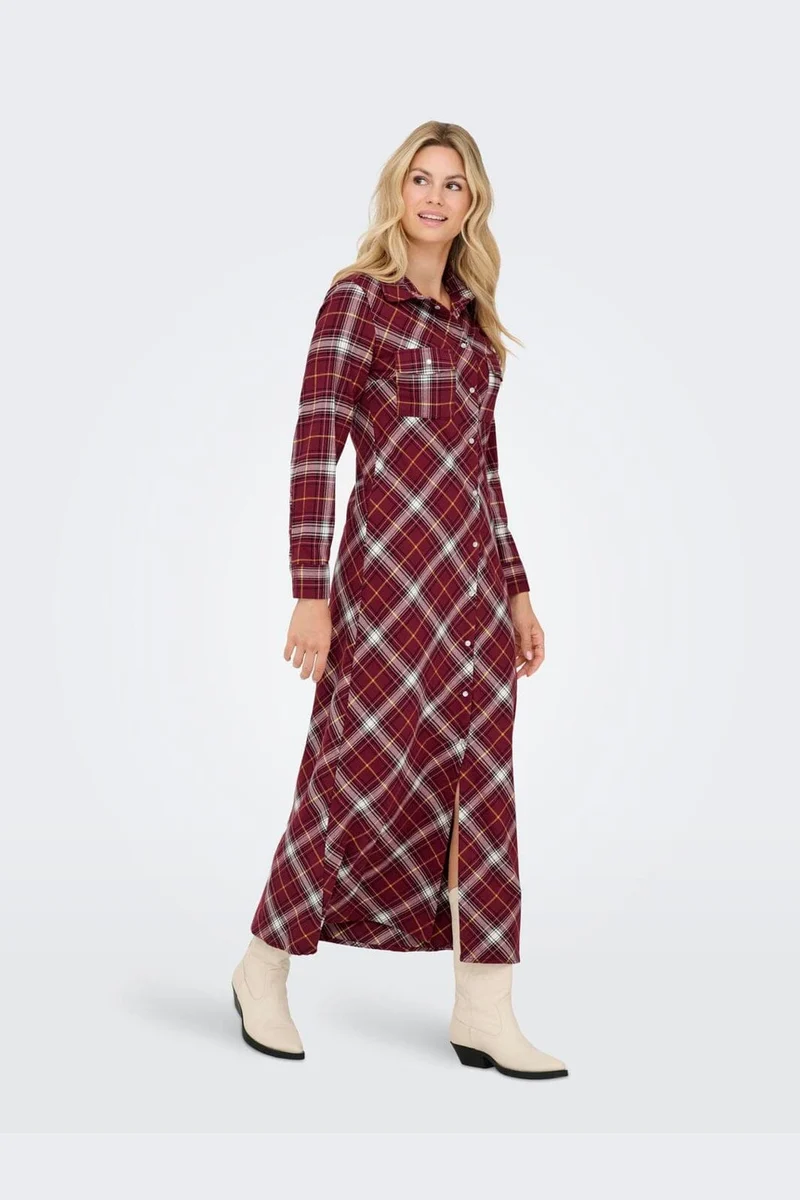 Only - Onlwren Check L/S Long Shirt Dress - 4970170 Syrah Checked Pulse