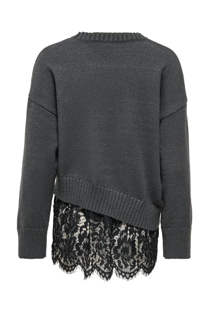 Only - Onlevie Ls Lace Mix O-Neck Knt - 5123391 Dark Grey Melange Black Lace