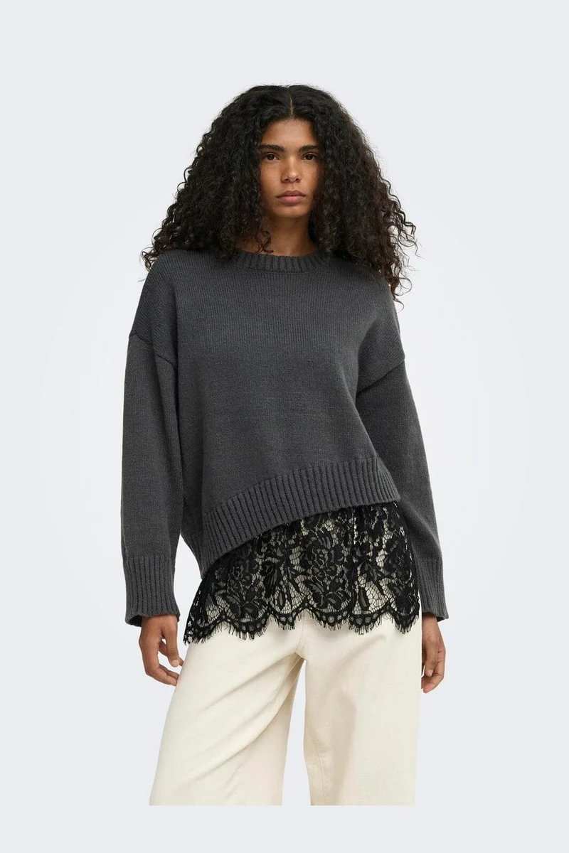 Only - Onlevie Ls Lace Mix O-Neck Knt - 5123391 Dark Grey Melange Black Lace
