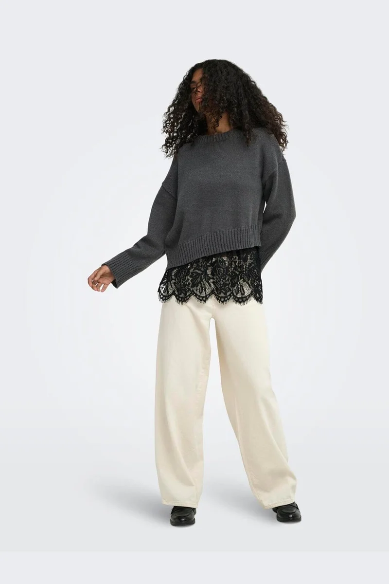Only - Onlevie Ls Lace Mix O-Neck Knt - 5123391 Dark Grey Melange Black Lace