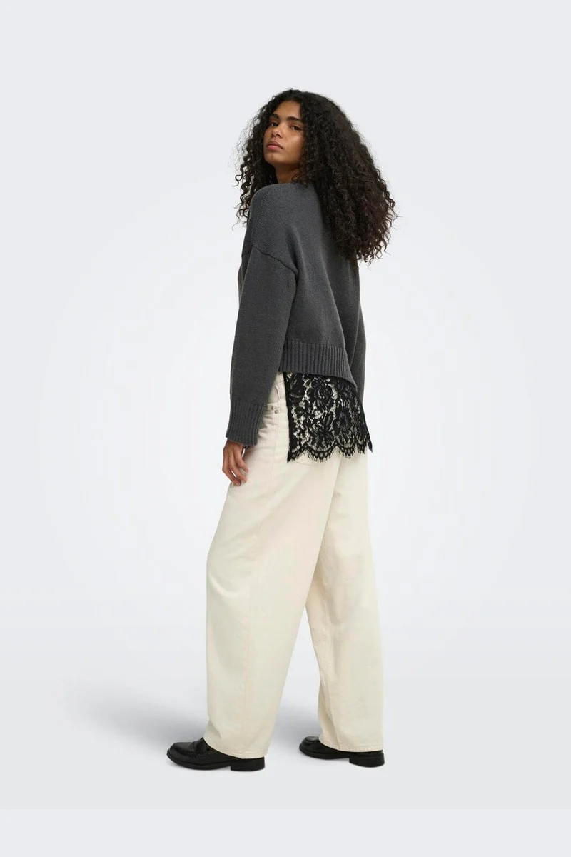 Only - Onlevie Ls Lace Mix O-Neck Knt - 5123391 Dark Grey Melange Black Lace