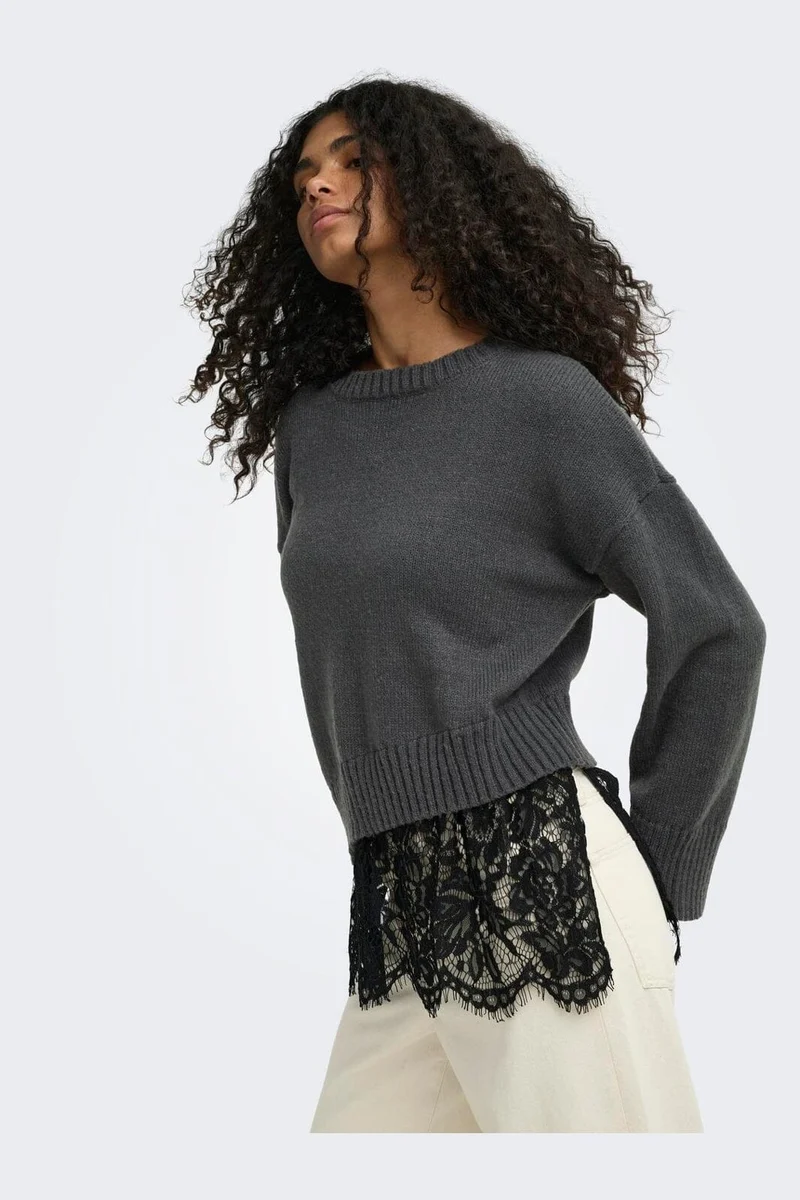 Only - Onlevie Ls Lace Mix O-Neck Knt - 5123391 Dark Grey Melange Black Lace