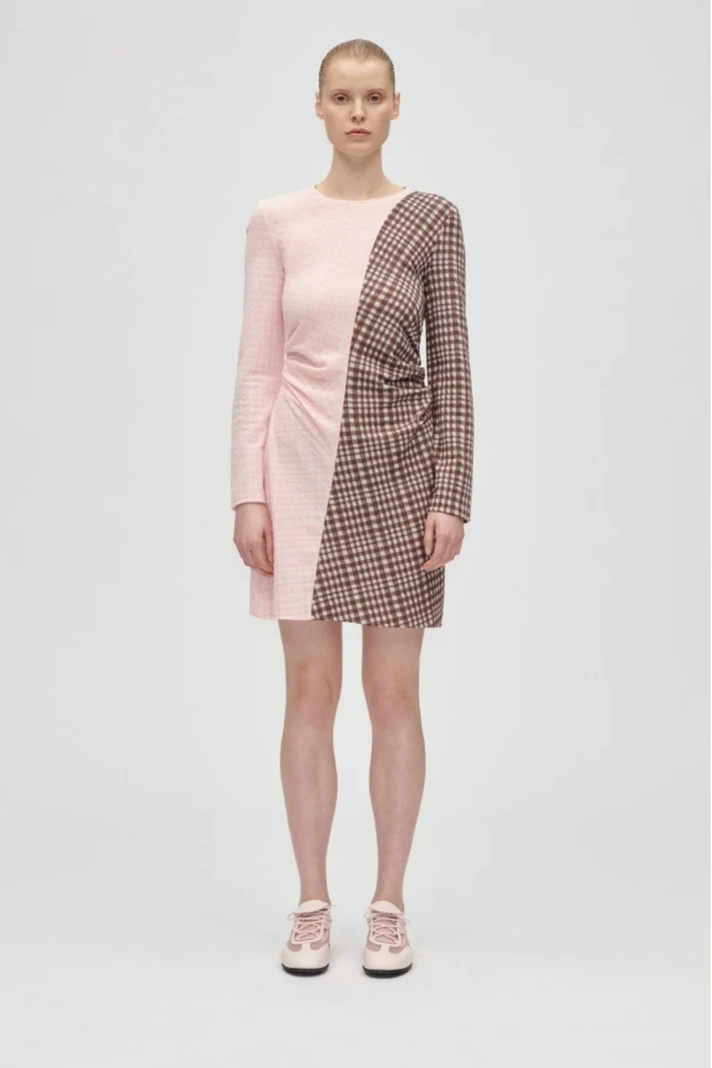 Stine Goya - 2118 Checkered Jersey, Ruched Waist Short Dresssg-aw25-d157-2118 - Brown And Pink Checks