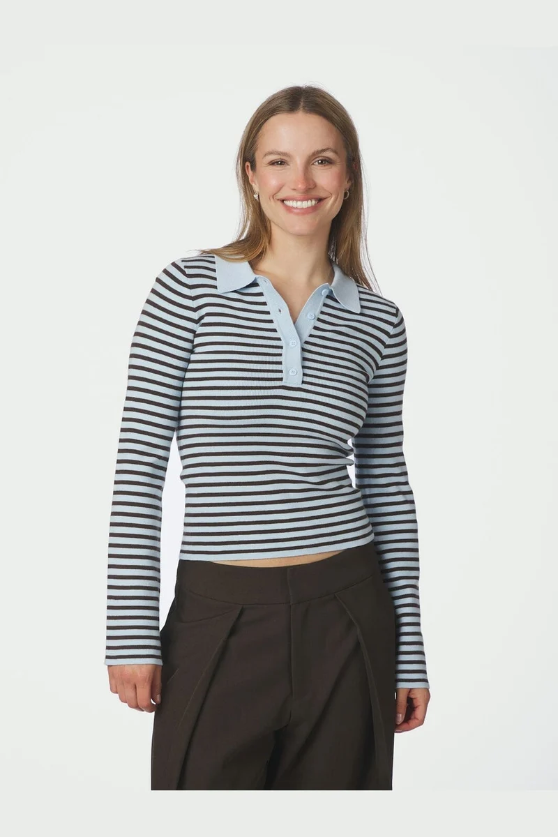 Neo Noir - Fannya Ls Striped Knit Polo 169865 - 665 - Light Blue Stripe