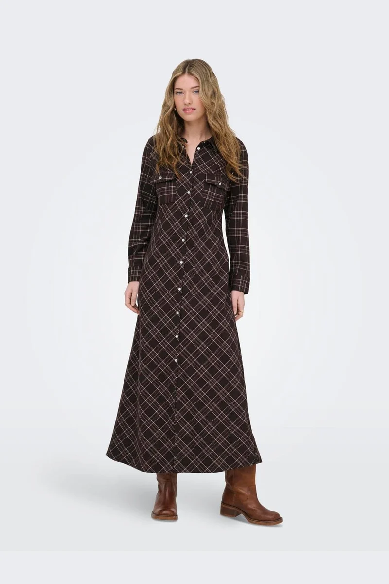 Only - Onlwren Check L/S Long Shirt Dress - 4970171 Black Checked Forge
